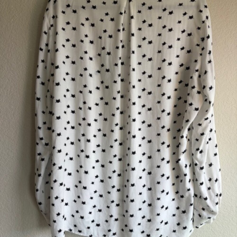 Just Living Black&White Cat Print Long Sleeve Roll Tab Blouse Large Novelty Boho - Picture 3 of 10